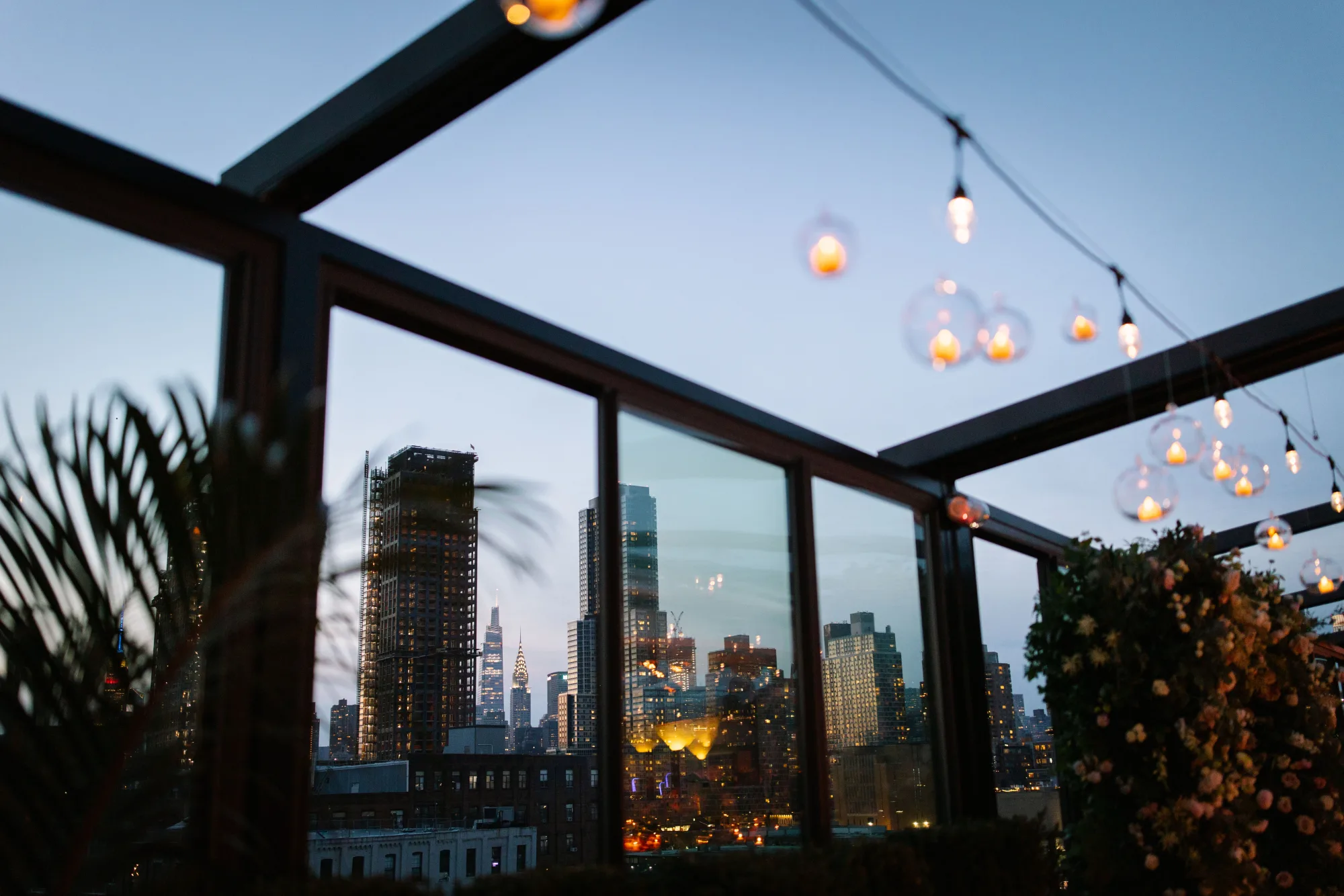 Rooftop at dusk with skyline
