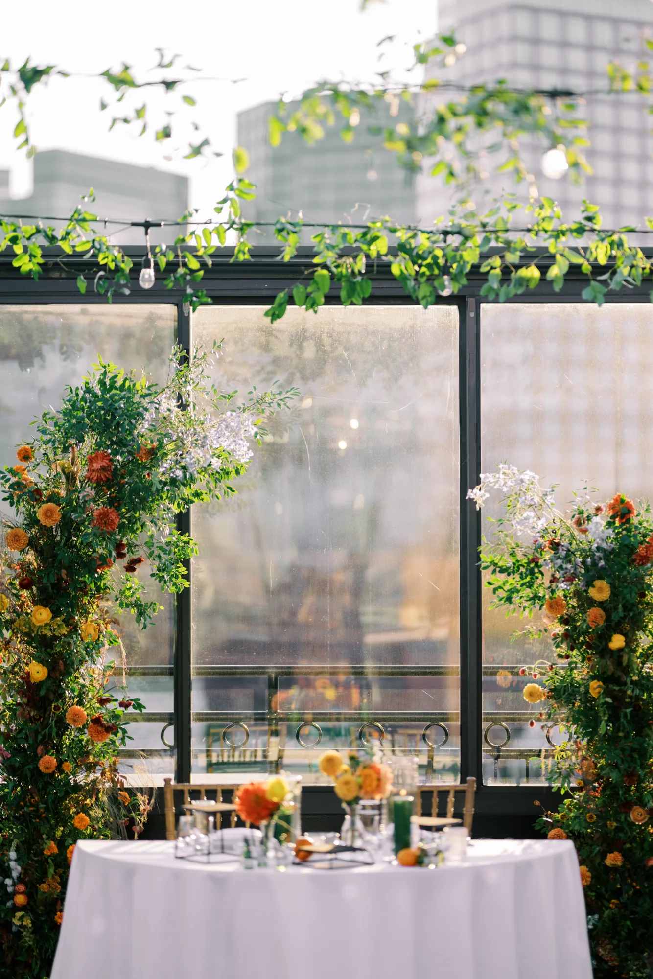 Rooftop table with skyline