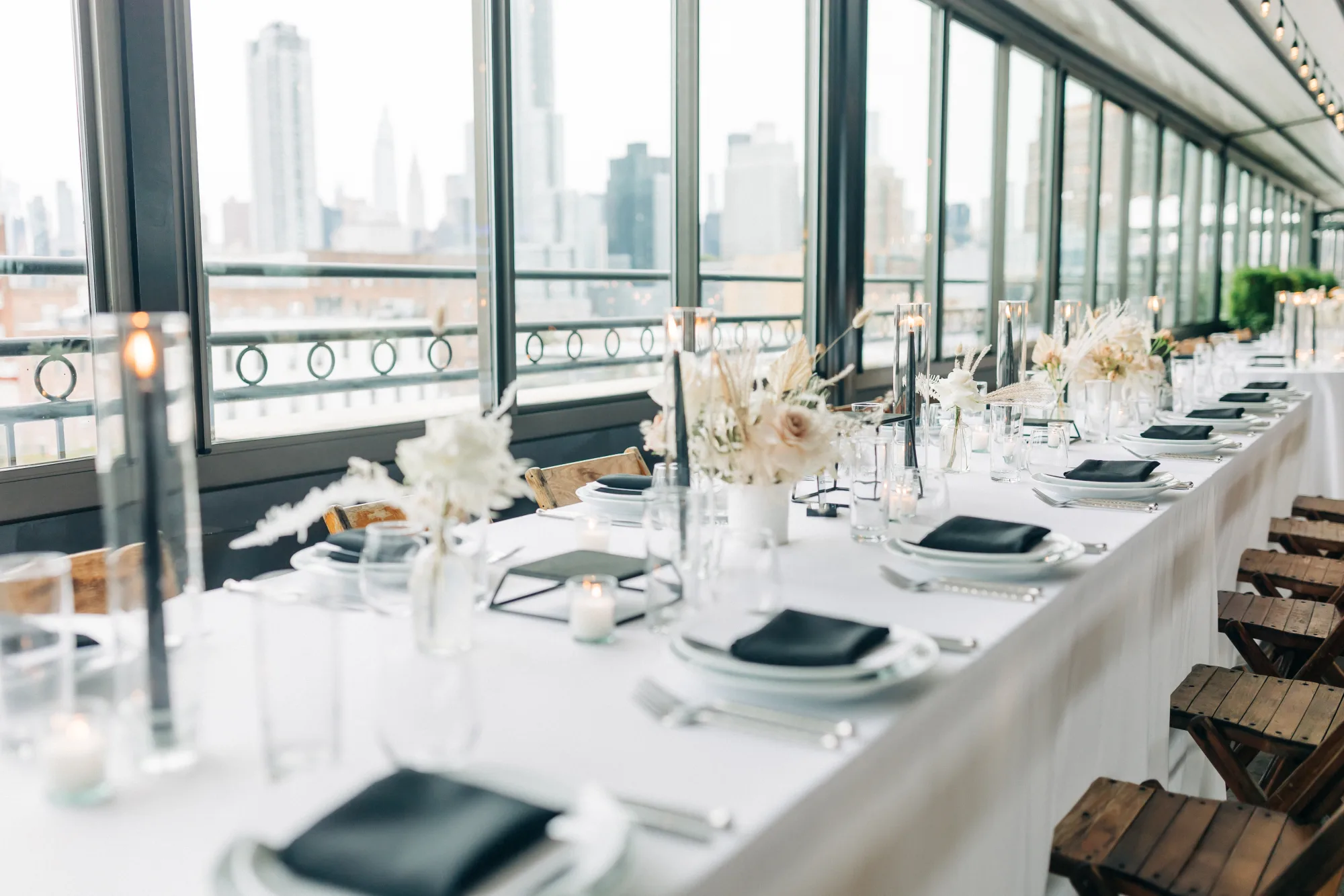 An elegant wedding table setting on the rooftop